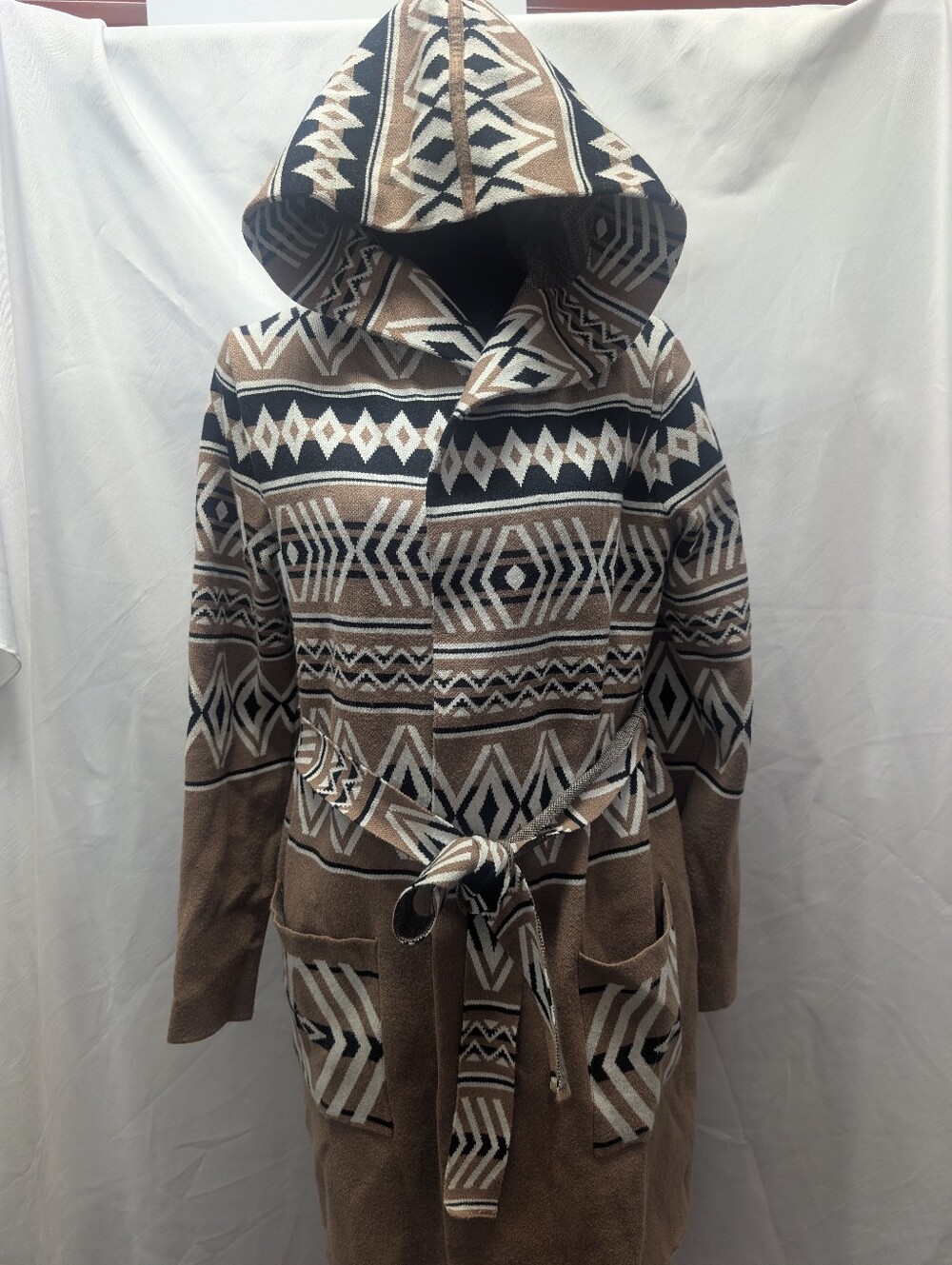 Rachel Zoe Hooded Aztec Belted Coatigan in Brown, Black & Cream